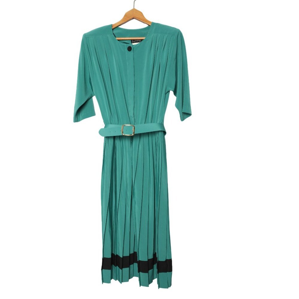 Vintage Joseph Ribkoff Green Pleated Midi Dress 80s Secretary Shoulder Pads - Picture 3 of 13